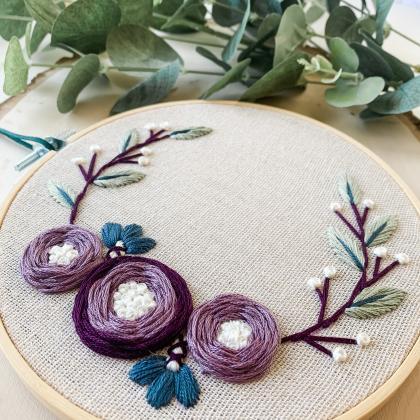 Purple Roses Half Wreath | Hand Emb..
