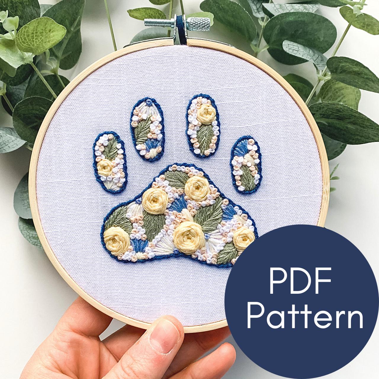Floral Paw Print Hand Embroidery Pattern | Modern Embroidery | Pet Embroidery | DIY Dog Gift | Dog Lover | Animal Embroidery | Woven Roses