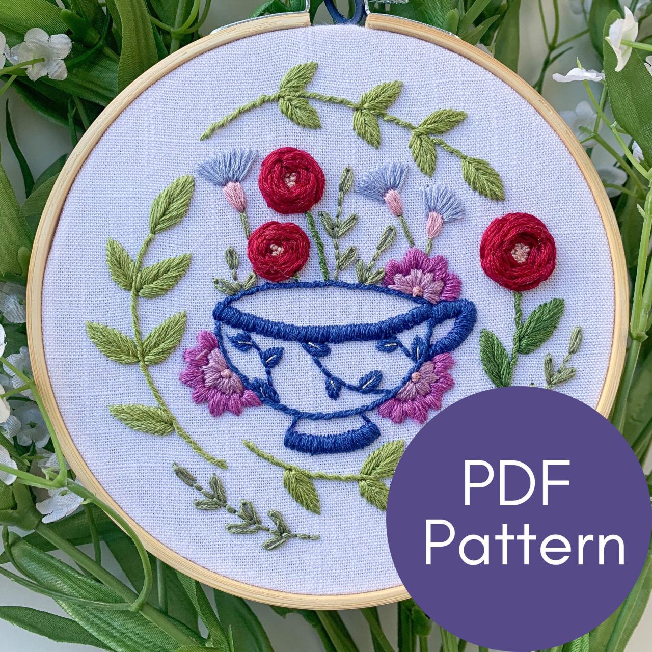 Teacup Hand Embroidery Pattern | Tea Party | Garden Party | DIY Embroidery | Modern Embroidery | Tea Time | Mother's Day Gift | Rose | Peony