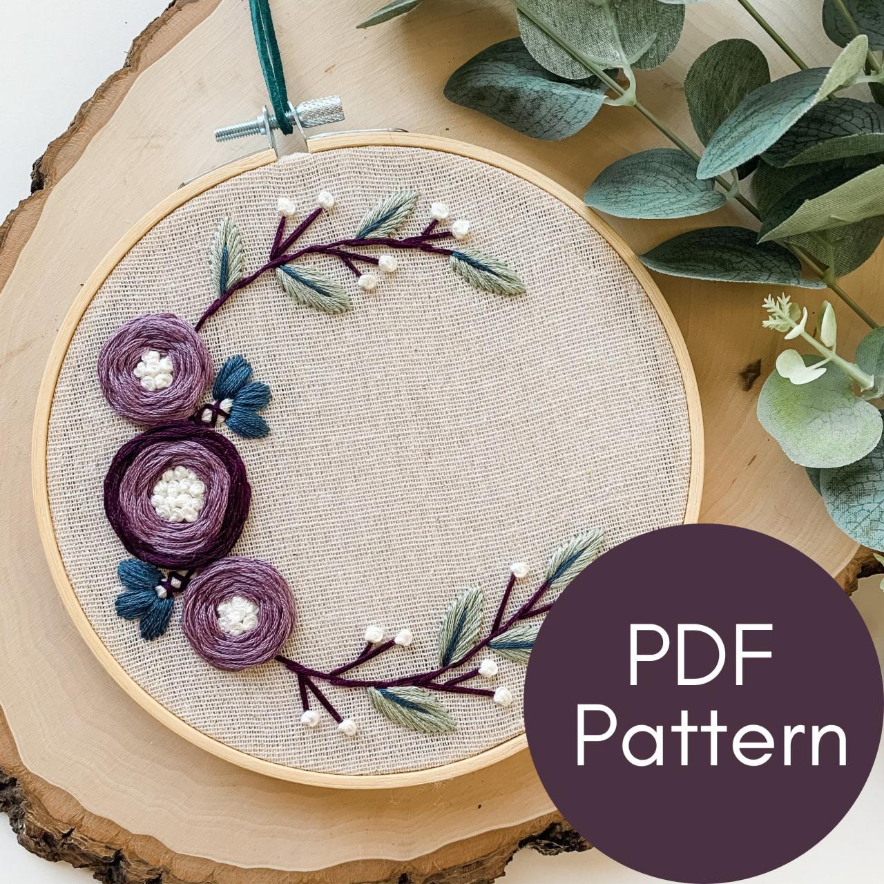 Purple Roses Half Wreath | Hand Embroidery Pattern | Modern Embroidery | Floral Embroidery | Woven Wheel Roses | Beginner Embroidery Pattern