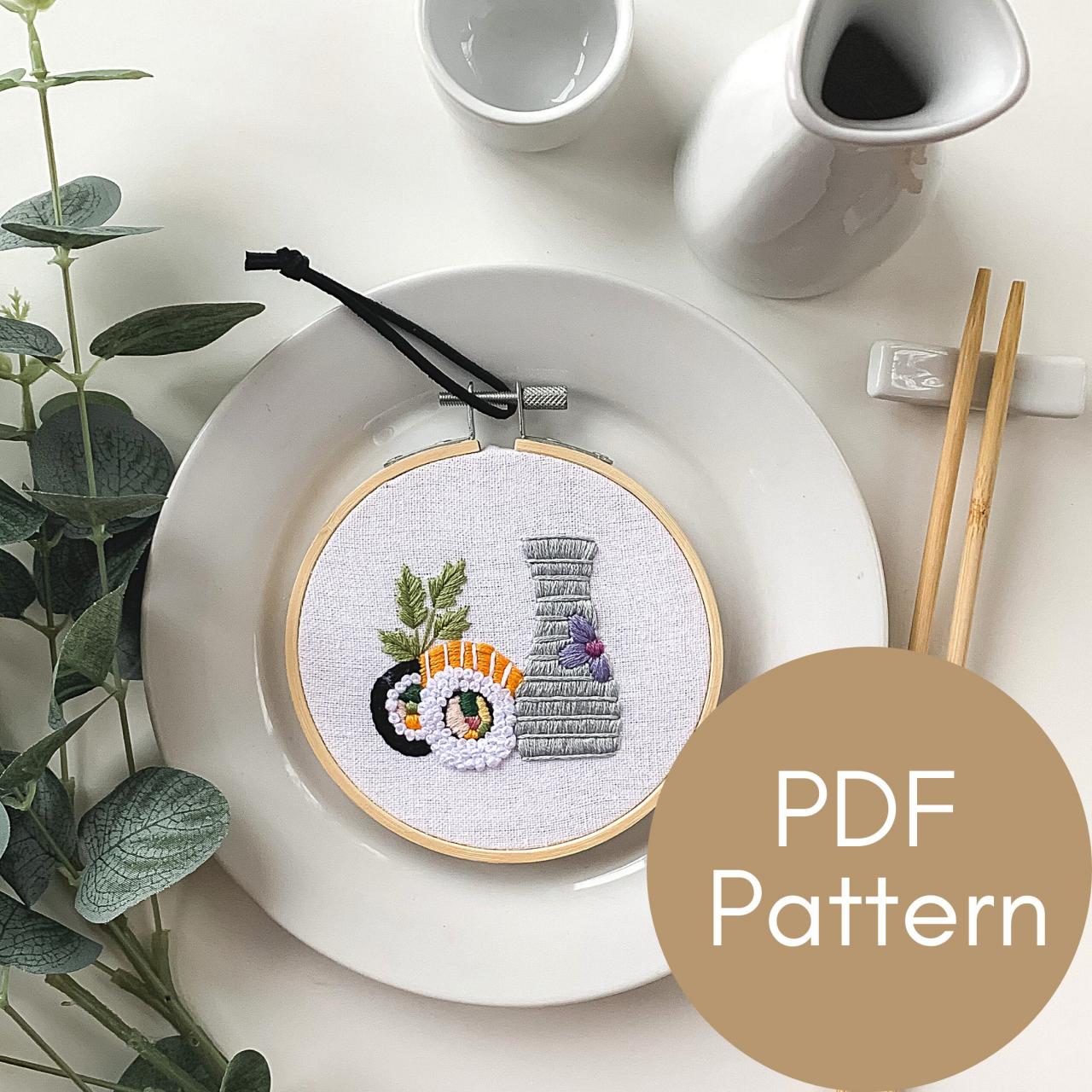 Sushi and Sake Hand Embroidery Pattern | Modern Embroidery | Digital Download | Food Embroidery | California Roll | Chopsticks | Soy Sauce