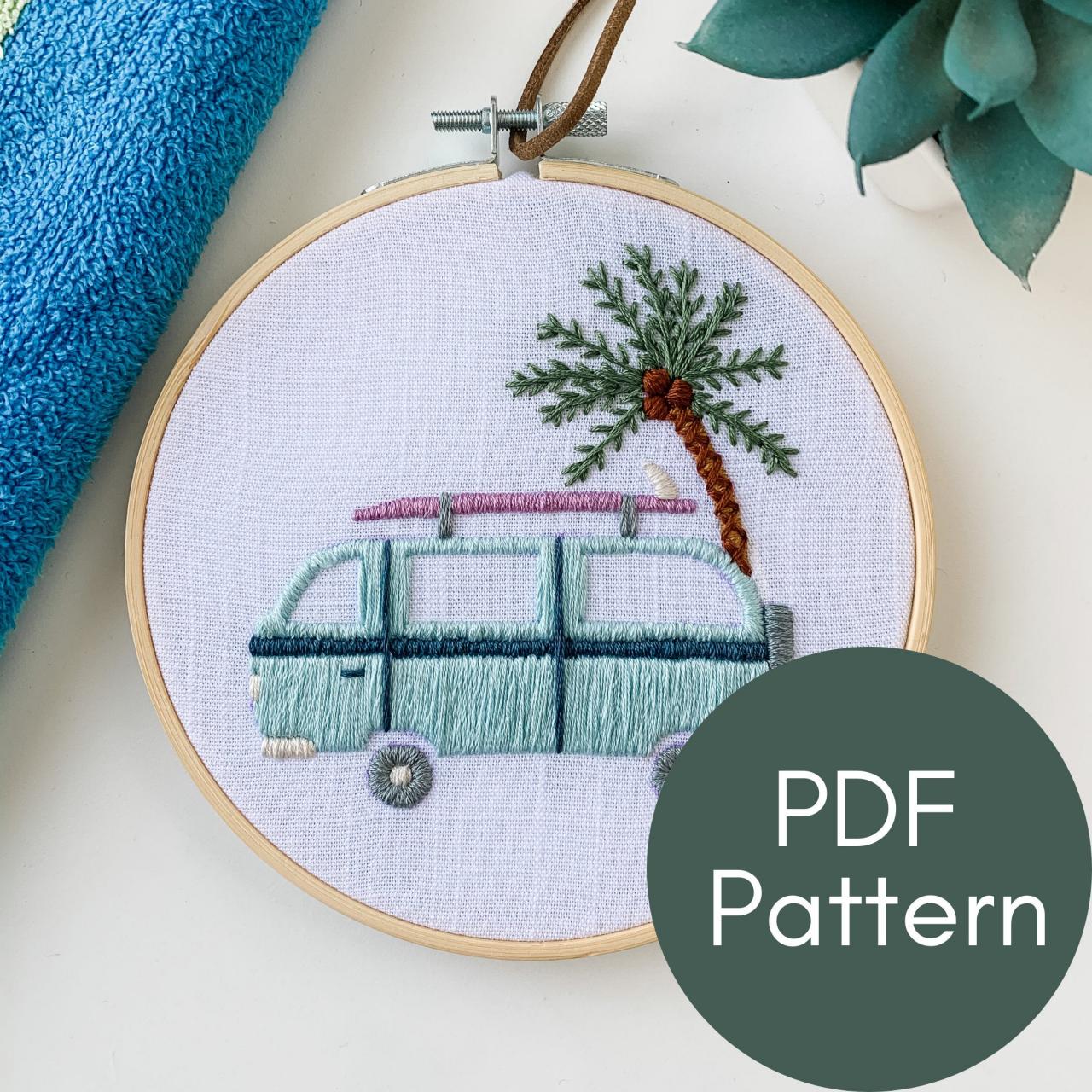 Vacation Van Embroidery Pattern | Summer Hand Embroidery Pattern | Volkswagen Van | Palm Tree | Van Life Embroidery | Modern Embroidery