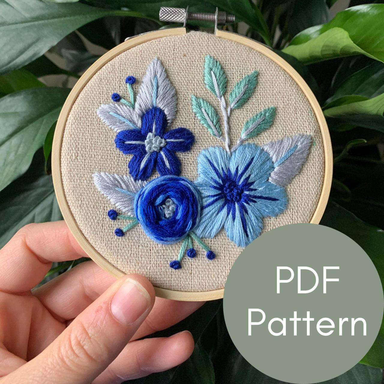 Blue Flower Bundle Embroidery Pattern | Instant Download Embroidery Pattern | Modern Embroidery | Floral Embroidery | Diy Embroidery | Diy