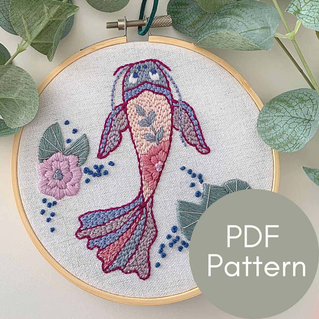 Koi Fish Hand Embroidery Pattern | Fish Embroidery | Digital Download | Koi Pond | Intermediate Embroidery | Animal Embroidery | Lily Pads