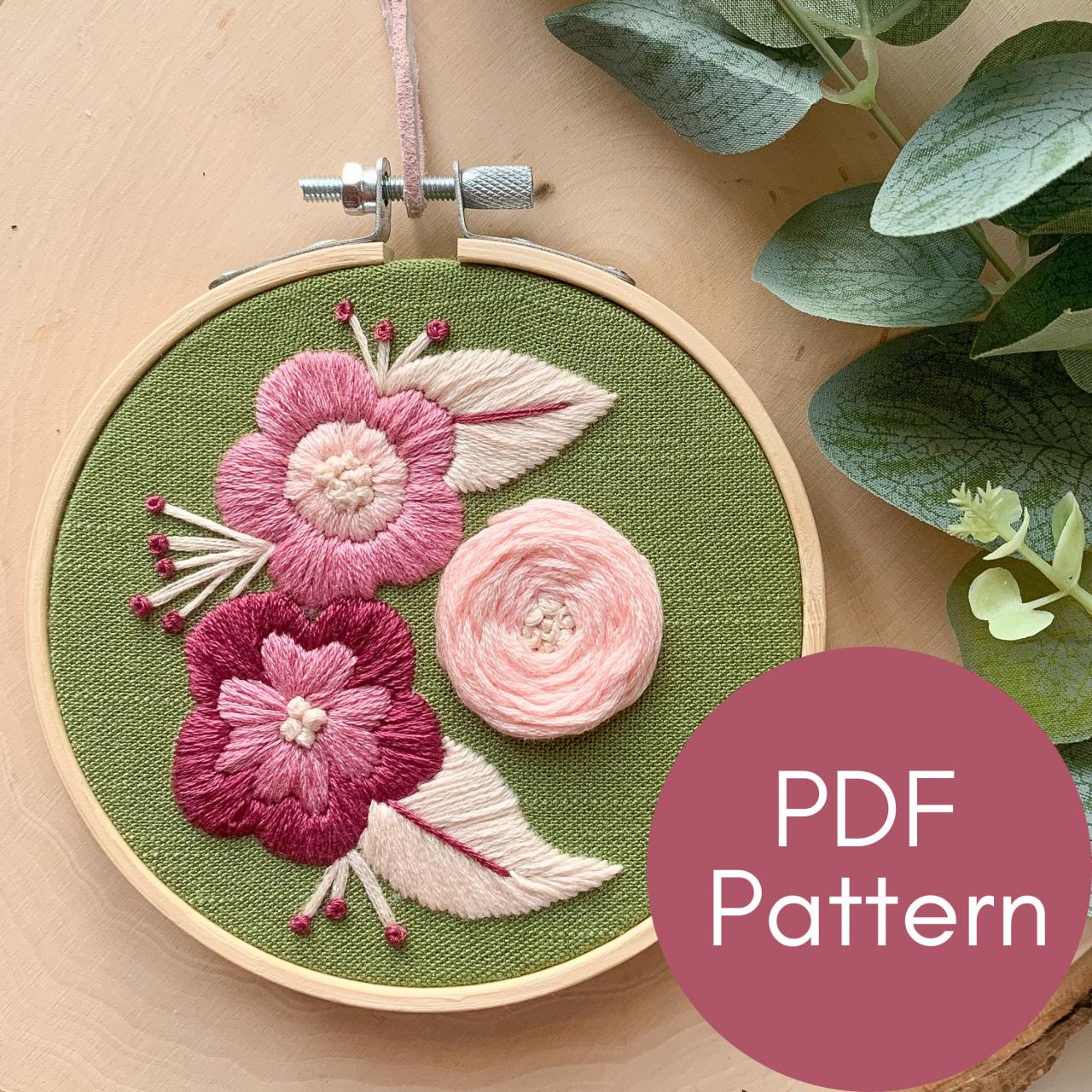 Pink Delight | Hand Embroidery Pattern | Floral Embroidery | Beginner Embroidery | Spring Embroidery Pattern | Rustic Embroidery | Cute Art