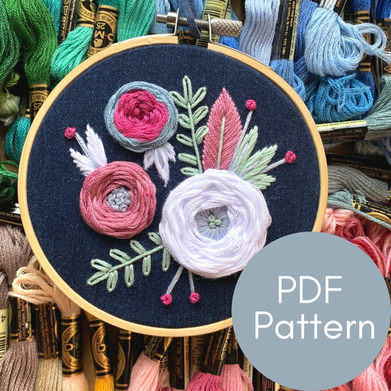 Blue Jean Blooms Embroidery Pattern | Hand Embroidery | Digital Download | Floral Embroidery Pattern | Woven Wheel | Embroidery Guide
