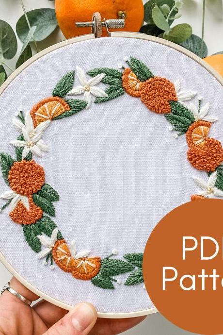 Orange Wreath Hand Embroidery Pattern | Fruit | Citrus Embroidery | Embroidery Wreath | PDF Download | Summer Fruit | DIY Housewarming Gift