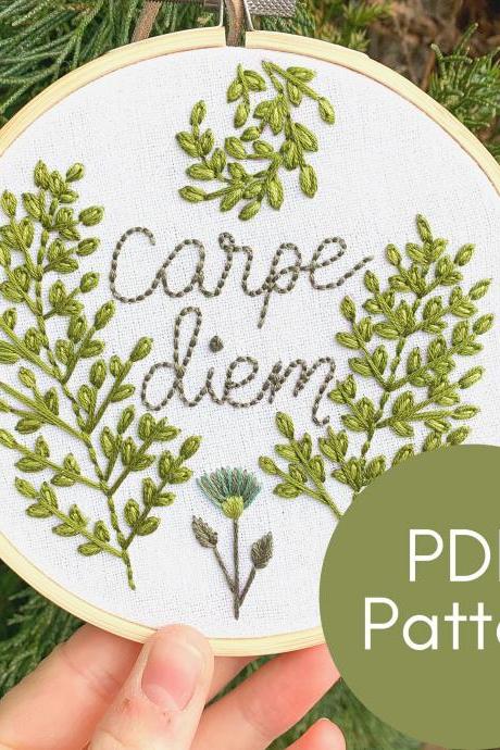 Carpe Diem Hand Embroidery Pattern | Modern Embroidery | Digital Download Pattern | Seize the Day | Botanical Embroidery | Lettering | Fern