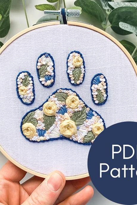 Floral Paw Print Hand Embroidery Pattern | Modern Embroidery | Pet Embroidery | DIY Dog Gift | Dog Lover | Animal Embroidery | Woven Roses