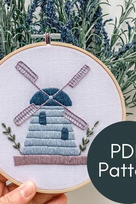 Windmill Hand Embroidery Pattern | Holland Countryside | Cute Windmill | Amsterdam Art | Amsterdam Embroidery | Netherlands Embroidery | Art