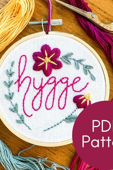Hygge Hand Embroidery Pattern | Beginner Embroidery | DIY Embroidery Ornament | Cozy Hygge Craft | Modern Embroidery | Floral Embroidery