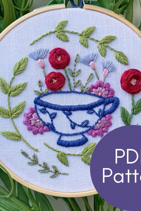 Teacup Hand Embroidery Pattern | Tea Party | Garden Party | DIY Embroidery | Modern Embroidery | Tea Time | Mother&#039;s Day Gift | Rose | Peony