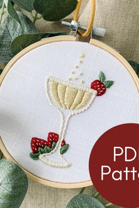 Champagne and Strawberries Hand Embroidery Pattern | Modern Embroidery | Happy Hour | Cheers | Celebration | Pop the Champagne | Wedding