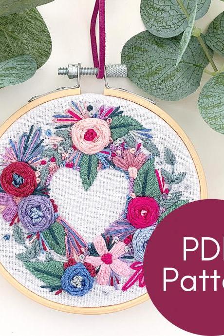 Heart Garden Valentine's Hand Embroidery Pattern | Floral Heart | Modern Embroidery | Digital Download | Corazon | Blooming Garden | DIY
