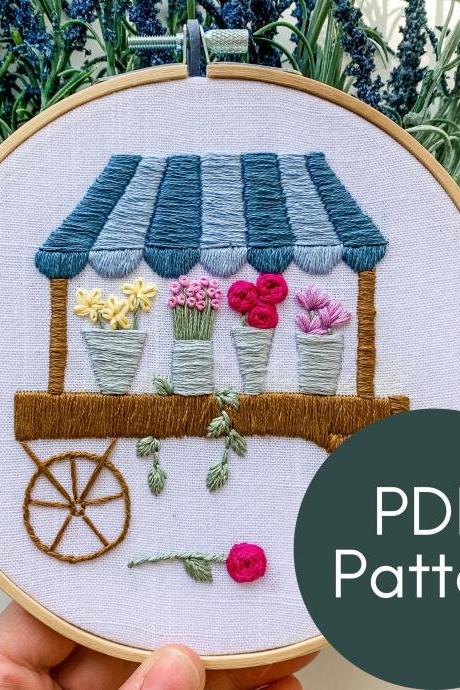 Flower Cart Hand Embroidery Pattern | Modern Embroidery | DIY Mother's Day Gift | Spring Embroidery Pattern | Flower Market | PDF Pattern