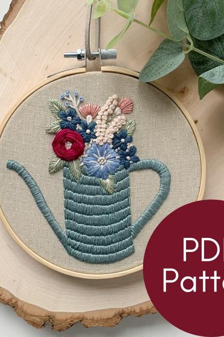 Floral Watering Can | Hand Embroidery Pattern | Gardening Pattern | Modern Embroidery | DIY Mother's Day Gift | Gifts for Gardeners | Blooms