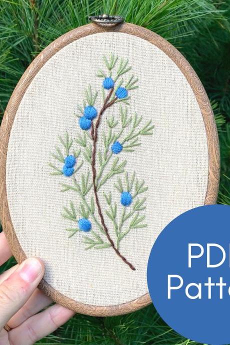 Large Juniper Branch Embroidery Pattern | Hand Embroidery | Beginner Embroidery | Embroidery Guide | Botanical Embroidery | Tree Embroidery