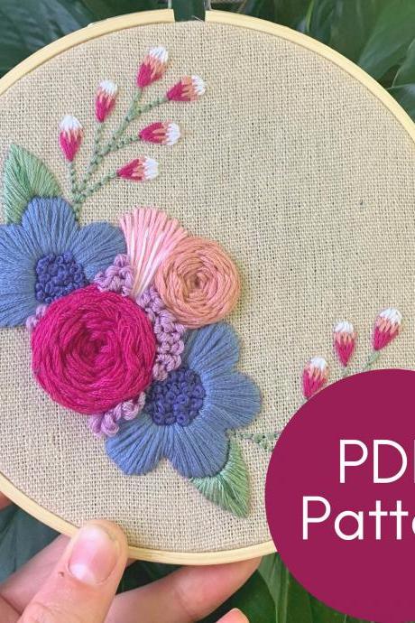 Springtime Half Wreath Embroidery Pattern | Hand Embroidery | Daisy Blooms | Downloadable Pattern | PDF Download | Embroidery Wreath | Flora