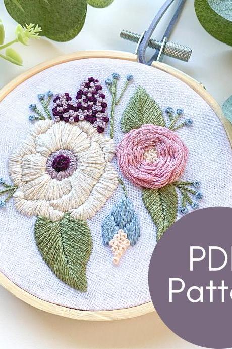 Spring Garden Hand Embroidery Pattern | Floral Embroidery | Modern Embroidery | Lilacs | Anemone | Roses | Digital Download | Floral Blooms