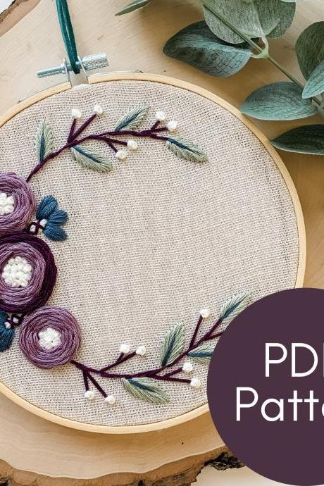 Purple Roses Half Wreath | Hand Embroidery Pattern | Modern Embroidery | Floral Embroidery | Woven Wheel Roses | Beginner Embroidery Pattern