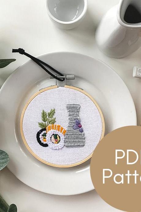 Sushi and Sake Hand Embroidery Pattern | Modern Embroidery | Digital Download | Food Embroidery | California Roll | Chopsticks | Soy Sauce