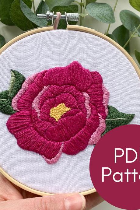 Beginner Embroidery Simple Peony Pattern | Floral Embroidery | DIY Mother's Day Gift | Botanical Embroidery | Pink Flower | Pink Peony DIY