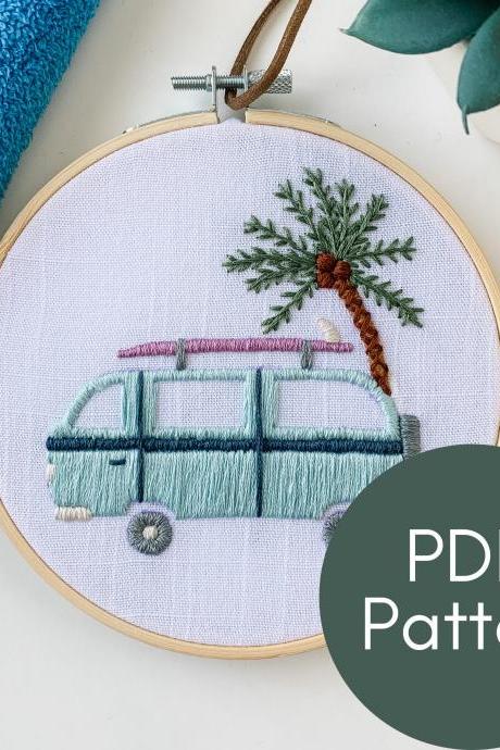 Vacation Van Embroidery Pattern | Summer Hand Embroidery Pattern | Volkswagen Van | Palm Tree | Van Life Embroidery | Modern Embroidery