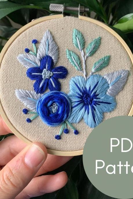 Blue Flower Bundle Embroidery Pattern | Instant Download Embroidery Pattern | Modern Embroidery | Floral Embroidery | DIY Embroidery | DIY