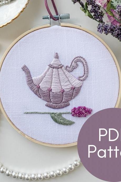 Teapot and Lilac Hand Embroidery Pattern | Tea Party | Tea Time | Learn Embroidery | Modern Embroidery | Bridgerton | England | Mother's Day