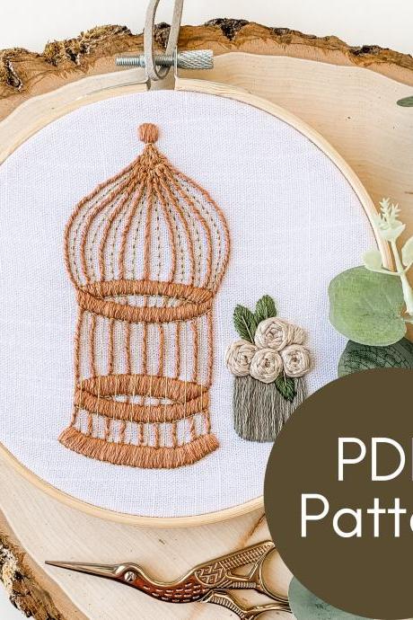 Gilded Birdcage Hand Embroidery Pattern | Intermediate Embroidery | Modern Embroidery | DIY Birdcage | Bird | Golden Birdcage | Rose Bouquet