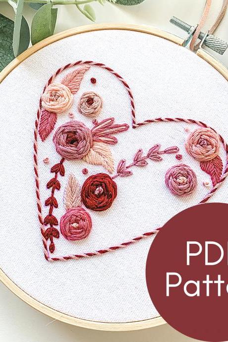 Blooming Heart Valentine's Hand Embroidery Pattern | Digital Download | Heart Embroidery | DIY Valentine's Gift | Valentine's Roses | Heart