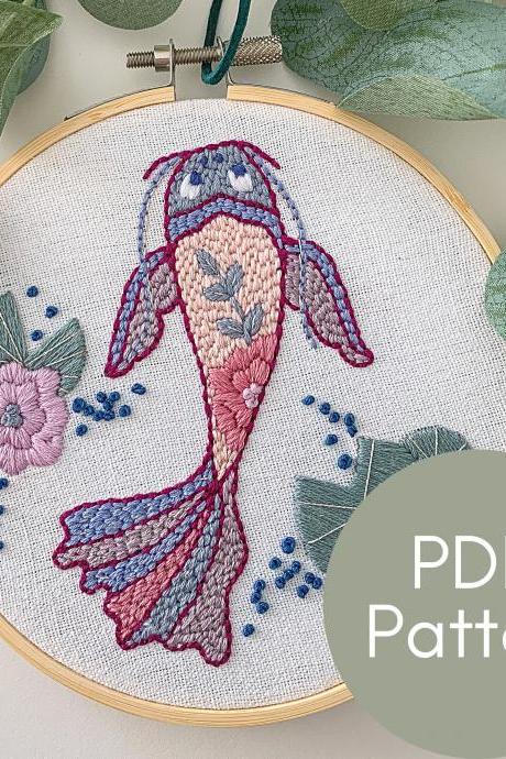 Koi Fish Hand Embroidery Pattern | Fish Embroidery | Digital Download | Koi Pond | Intermediate Embroidery | Animal Embroidery | Lily Pads