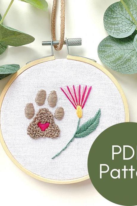 Paw Print and Flower Hand Embroidery Pattern | Dog Embroidery | Modern Embroidery | Learn Embroidery | Beginner Embroidery | Pet Embroidery