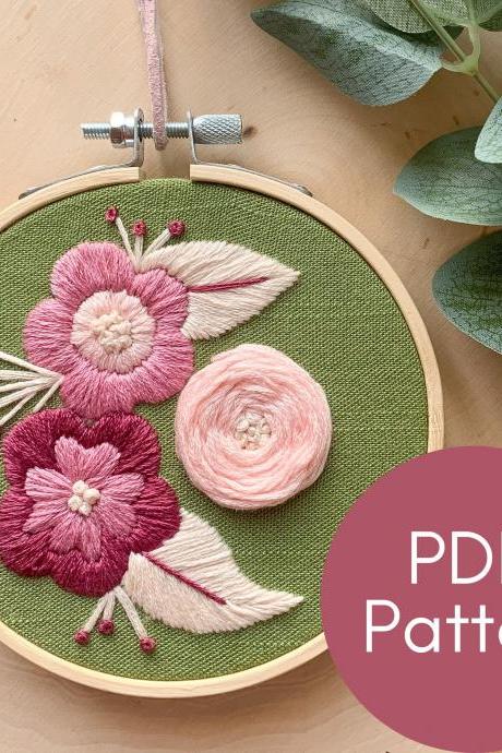 Pink Delight | Hand Embroidery Pattern | Floral Embroidery | Beginner Embroidery | Spring Embroidery Pattern | Rustic Embroidery | Cute Art