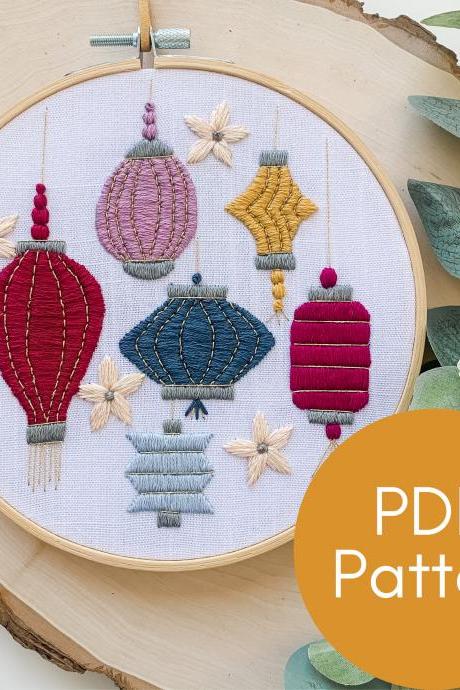 Paper Lanterns Hand Embroidery Pattern | Modern Embroidery | Chinese New Year | Satin Stitch Practice | Beginner Embroidery | DIY Lanterns