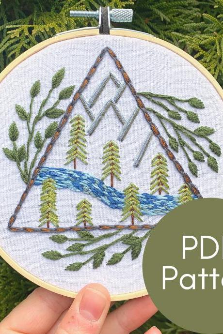 Abstract Nature Scene Hand Embroidery Pattern | Mountain Embroidery | Forest Embroidery | Modern Embroidery | Digital Download | Nature Art