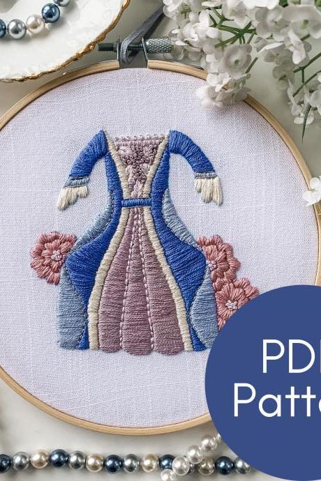 1770s Dress Hand Embroidery Pattern | Fancy Dress Embroidery | Modern Embroidery | Bridgerton-Inspired | Gown | Learn Embroidery | Florals