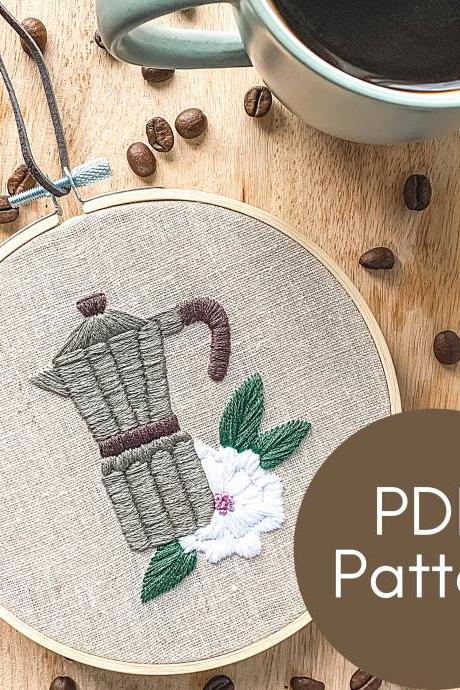 Espresso Maker Hand Embroider Pattern | Coffee Lover Embroidery | Modern Embroidery | Coffee Maker | European | Digital Download | Café