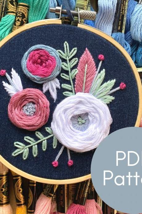 Blue Jean Blooms Embroidery Pattern | Hand Embroidery | Digital Download | Floral Embroidery Pattern | Woven Wheel | Embroidery Guide
