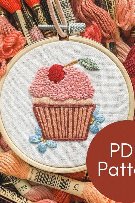 Cupcake Hand Embroidery Pattern | Digital Download | Birthday Embroidery Pattern | Happy Birthday | Baby Shower | Bakery Embroidery | Cherry.