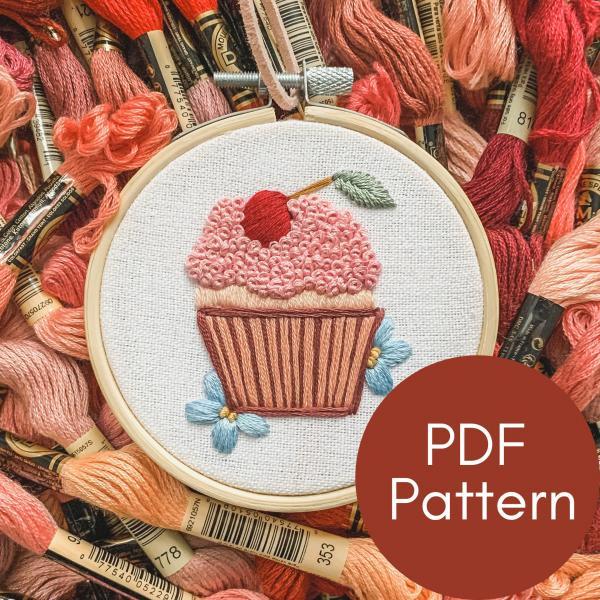 Cupcake Hand Embroidery Pattern | Digital Download | Birthday Embroidery Pattern | Happy Birthday | Baby Shower | Bakery Embroidery | Cherry.